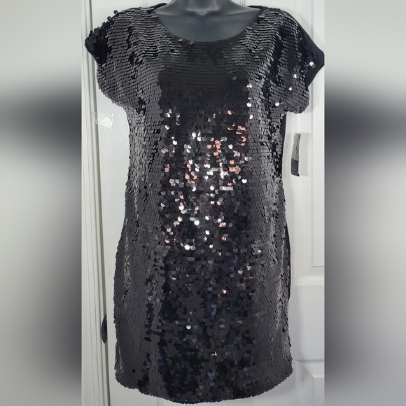 ALFANI Black Sequin Front Dress Jersey Back Stretch Petite Small - Picture 1 of 7